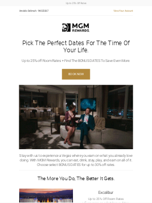 MGM Resorts - Arnoldo, Enjoy Up to 25% Off rates + Even More On Select BONUS DATES