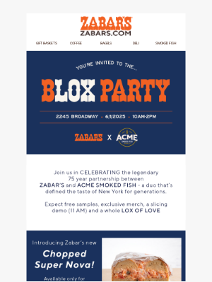 Zabar's - JOIN US at the BLOX PARTY! This Sunday, June 1st at Zabar's!