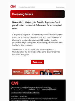 CNN - News Alert: Majority in Brazil’s Supreme Court panel votes to convict Bolsonaro for attempted coup