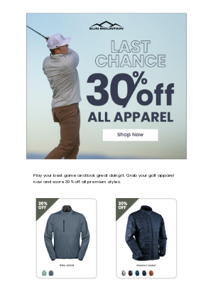 Sun Mountain Sports - Last Chance - 30% Off All Apparel