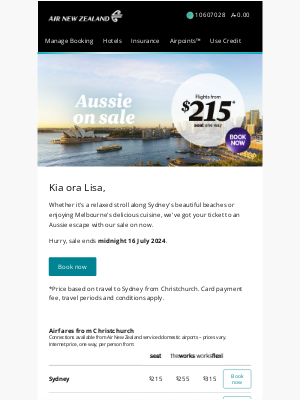 Air New Zealand - Lisa, Aussie sale on now