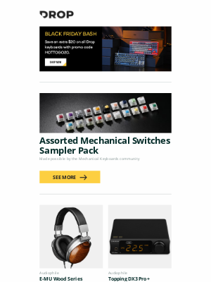 Massdrop - Assorted Mechanical Switches Sampler Pack, E-MU Wood Series Headphones, Topping DX3 Pro+ Bluetooth 5.0 Amp and more...