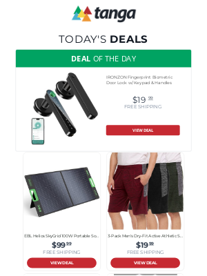 Tanga - IRONZON Fingerprint Biometric Door Lock w/ Keypad & Handles | EBL Helios SkyGrid 100W Portable Solar Panel | 3-Pack Men's Dry-Fit Active Athletic Shorts (S-3X) - 10 Styles