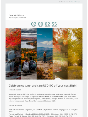 Cathay Pacific Airways - Celebrate autumn with USD100 Off your next flight - Book now for travel until October 2025!