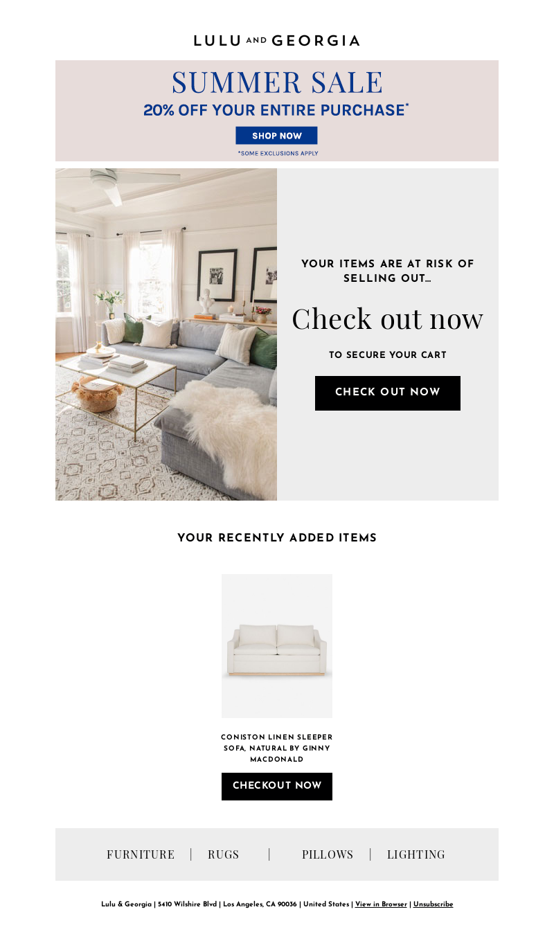 cart abandonment email by Lulu & Georgia that focuses on current sales