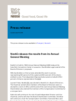 Nestle - Nestlé releases the results from its Annual General Meeting