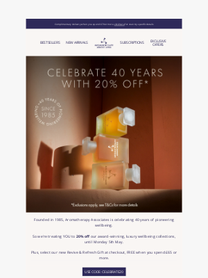Aromatherapy Associates - Celebrating 40 Years with 20% Off Sitewide