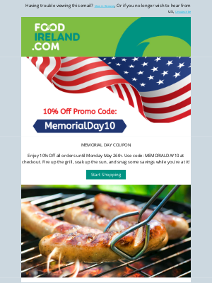 Food Ireland - Memorial Day Discount Just for You - 10% Off All Orders!