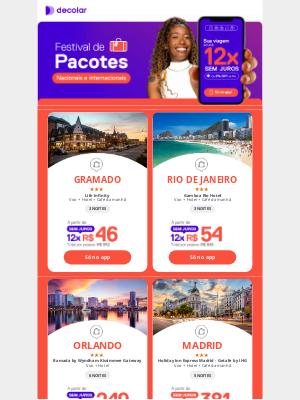 Decolar (Brazil) - Festival de PACOTES a partir de R$ 552 em até 12x SEM JUROS!