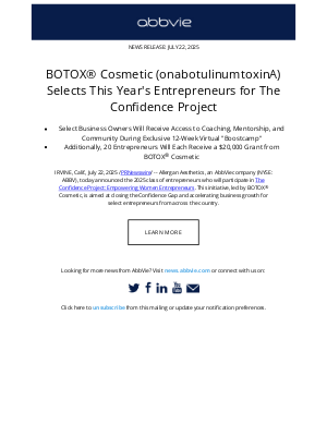 AbbVie - AbbVie Press Release: BOTOX® Cosmetic (onabotulinumtoxinA) Selects This Year's Entrepreneurs for The Confidence Project