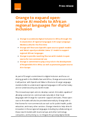 Orange - Orange to expand open-source AI models to African regional languages for digital inclusion