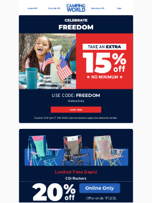 Camping World - Final day to celebrate with 15% off