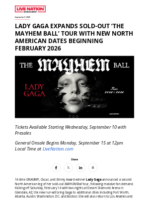 Live Nation Entertainment - Lady Gaga Expands Sold-Out ‘The MAYHEM Ball’ Tour with New North American Dates Beginning February 2026