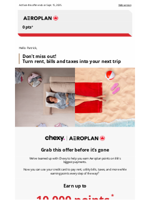 Air Canada - Last chance! Earn up to 10,000 points on bills, rent and taxes with Chexy!