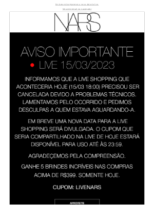 NARS Cosmetics (Brazil) - AVISO IMPORTANTE: Live Shopping cancelada.