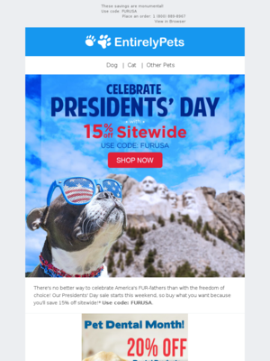 President's Day email from EntirelyPets