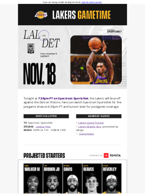 Los Angeles Lakers - Lakers Gametime: Lakers vs Pistons - 7:30pm PT on Spectrum SportsNet