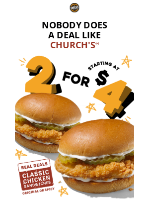 Church's Chicken - 2 Classic Chicken Sandwiches starting at $4