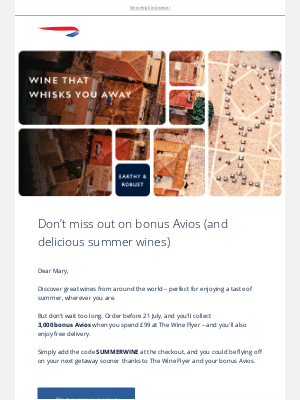 British Airways (United Kingdom) - 3,000 bonus Avios with your summer wine order