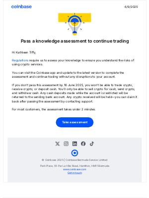 Coinbase - [Action Required] Only 7 days left to pass a knowledge assessment