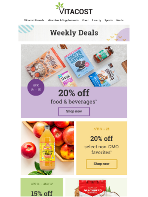 Vitacost - 20% off Food + More Weekly Deals