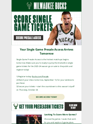 Milwaukee Bucks - Sign Up Now To Unlock Access To Single Game Tickets Tomorrow!