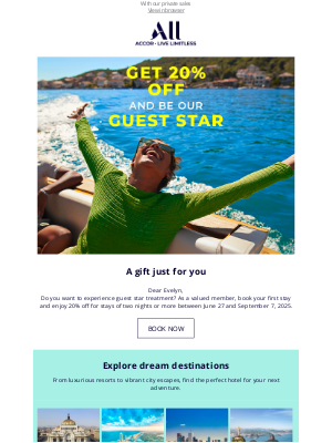 Accor Hotels - Evelyn, enjoy 20% off and stay like a Guest Star ✨