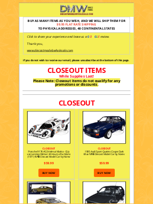 Diecast Models Wholesale - Closeout Notification