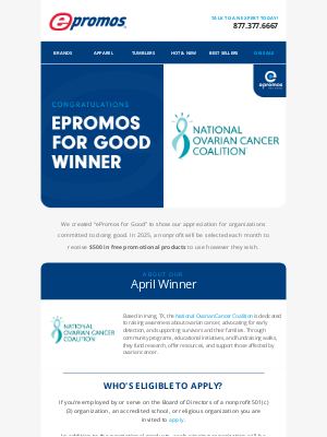 ePromos Promotional Products - Announcing our “ePromos for Good” April Winner!