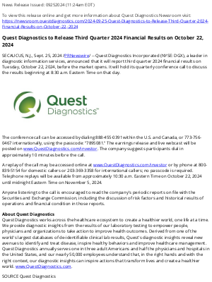 Quest Diagnostics - Quest Diagnostics to Release Third Quarter 2024 Financial Results on October 22, 2024