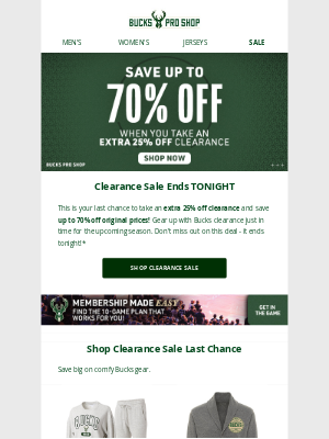 Milwaukee Bucks - Up To 70% Off Clearance Ends Tonight!