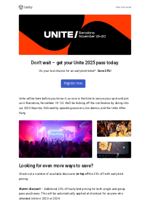 Unity - Last chance to save 25% on your Unite pass!