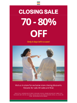 Hudson's Bay (Canada) - ONLY 6 DAYS LEFT: Up to 80% off ends soon