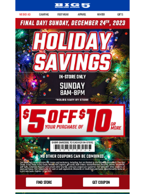 Big 5 Sporting Goods - FINAL DAY 🎁 $5 Off $10 🎁 Last Minute Gifts