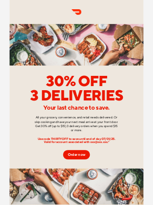 DoorDash - Last chance: 30% off 3 delivery orders.