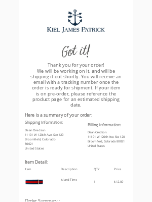 Kiel James Patrick - Order #438712 confirmed