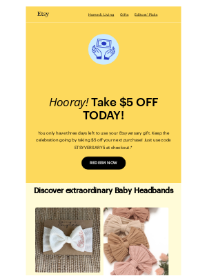 Etsy - REMINDER: You've got $5 off!