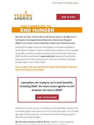 Feeding America - Senators are closer to cutting SNAP. We must act fast.