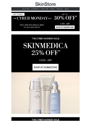 SkinStore - Ends Tonight! 25% off SkinMedica at Dermstore's Cyber Monday Sale