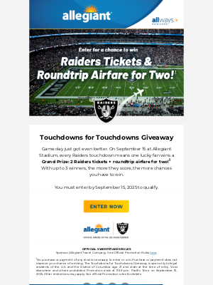 Allegiant Air - Giveaway – Roundtrip Airfare for Two & Raiders Tickets!