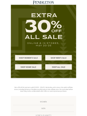 Pendleton Woolen Mills - Extra 30% off all sale items, online & in stores