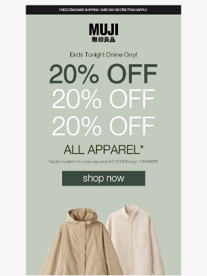 MUJI - 20% OFF Apparel Ends Tonight Online Only! ⏰