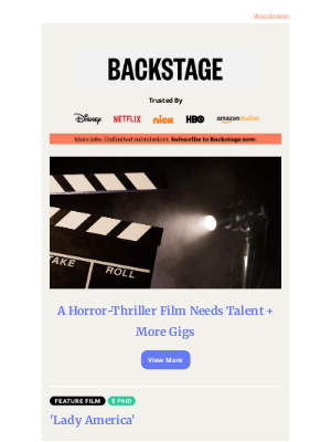 Backstage - A Horror-Thriller Film Needs Talent + More Gigs