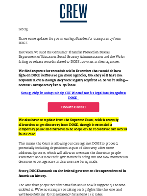 Crew - Some updates on our lawsuits against DOGE: