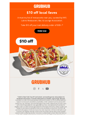 GrubHub - Enjoy $10 off new restaurants 🥳