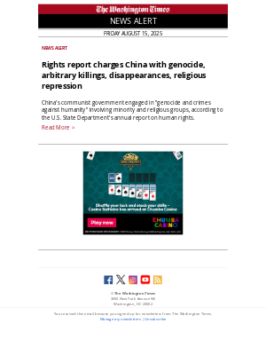 Washington Times - NEWS ALERT: Rights report charges China with genocide, arbitrary killings, disappearances, religious repression