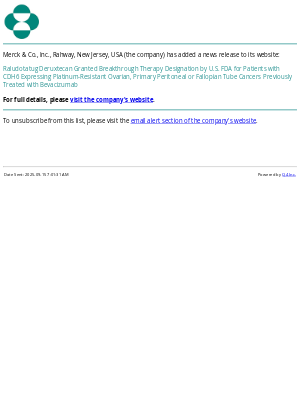 Merck & Co - Raludotatug Deruxtecan Granted Breakthrough Therapy Designation by U.S. FDA for Patients with CDH6 Expressing Platinum-Resistant Ovarian, Primary Peritoneal or Fallopian Tube Cancers Previously Treated with Bevacizumab