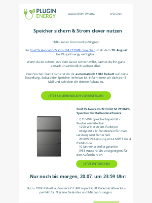 Pluginenergy (Germany) - Letzte Chance: Speicher vorbestellen & Sommer-Sale nutzen!