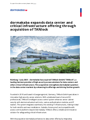 dormakaba - dormakaba expands data center and critical infrastructure offering through acquisition of TANlock