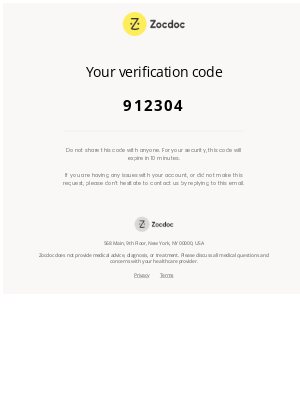 Zocdoc - Email verification code: 912304